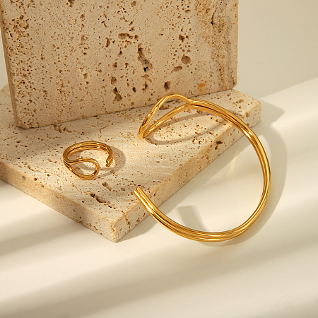 Stylish 304 Stainless Steel Cuff Bangle & Ring Set for Women's Summer Accessories WU8942-1-1
