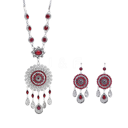 Flower Tassel Alloy Rhinestone Pendant Necklaces & Hoop Earrings Sets FS-WG853D3-04-1