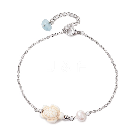 Synthetic Turquoise & Natural Freshwater Pearl Link Anklets AJEW-AN00628-04-1