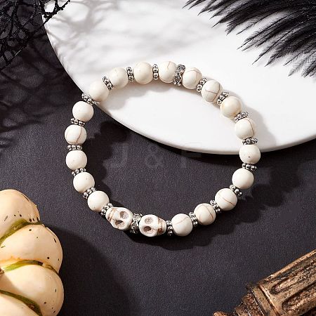 Halloween Brass Crystal Rhinestone & Dyed Synthetic Turquoise Skull & Round Beaded Stretch Bracelets for Men Women BJEW-JB12254-02-1