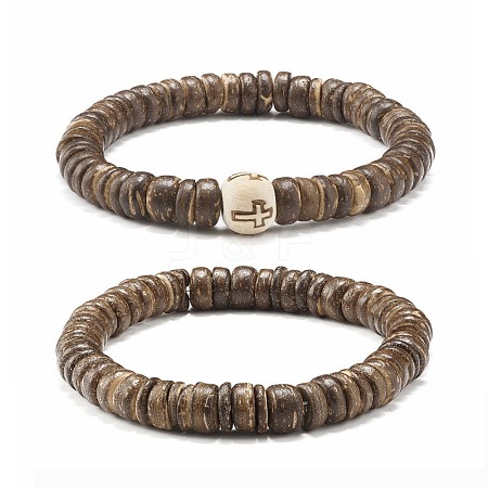 Flat Round Coconut Beads Stretch Bracelets Set BJEW-JB07010-1