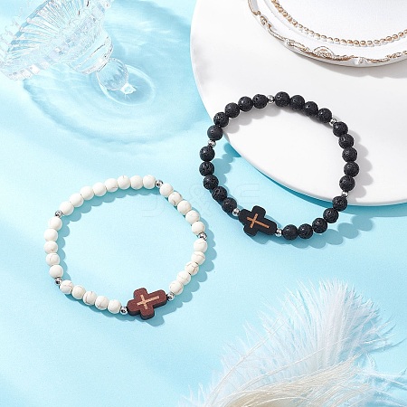 2Pcs Cross Natural Lava Rock & Synthetic Turquoise & Wood Round Beads Stretch Bracelets for Men Women BJEW-JB11832-1