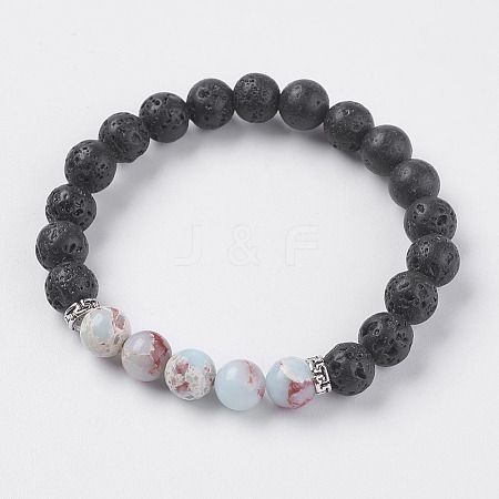 Natural Lava Rock and Natural Shoushan Stone/Larderite Beads Stretch Bracelets BJEW-I241-10H-1