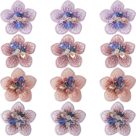 Gorgecraft 12Pcs 4 Colors 3D Flower Glass Beaded Appliques PATC-GF0001-47-1