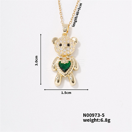 Fashionable Brass Pave Emerald Rhinestone Cable Chain Heart Bear Pendant Necklaces for Women XK4018-5-1