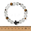 8MM Round Natural Quartz Crystal & Tiger Eye & Dyed Synthetic Turquoise Black Cross Beaded Stretch Bracelets for Women Men BJEW-TA00741-4