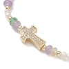 Brass Micro Pave Clear Cubic Zirconia Cross & Natural Pearl & White Jade Rondelle Beads Stretch Bracelets for Women BJEW-JB13114-01-3