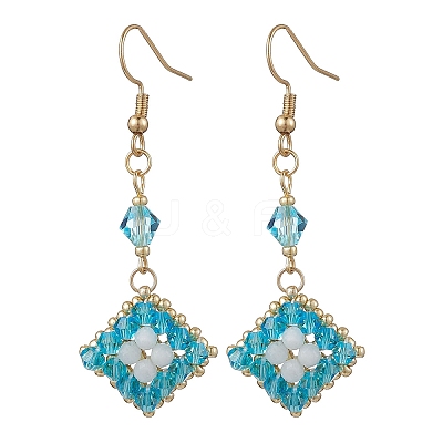 304 Stainless Steel Handmade Glass Seed Beads Rhombus Dangle Earrings EJEW-MZ00517-03-1