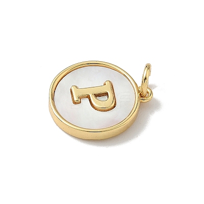 Brass Pave Natural Shell Flat Round with Letter Charms KK-Z115-13G-P-1