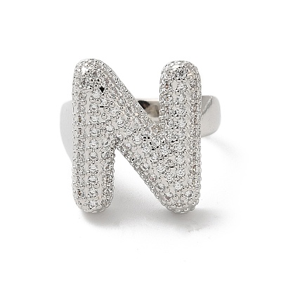 Letter Brass Micro Pave Clear Cubic Zirconia Open Cuff Ring for Women RJEW-N046-03N-P-1