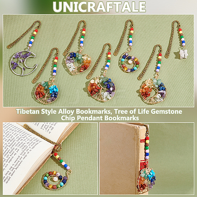 7Pcs 7 Styles Tibetan Style Alloy Bookmarks AJEW-UN00008-1