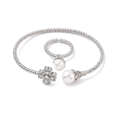 Heart Clover Brass Micro Pave Cubic Zirconia Cuff Bangles & Rings Sets for Women SJEW-R002-02P-02-1