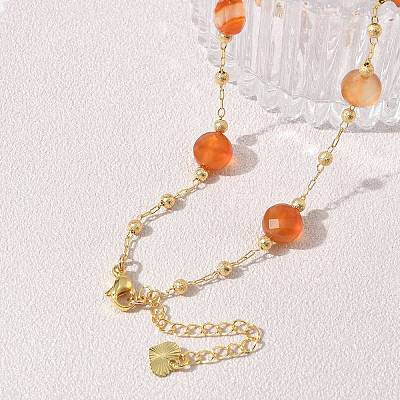 Natural Carnelian Faceted Flat Round Beaded Chain Necklaces with Matte Brass Beads GG-CBA37F5-01G-06-1