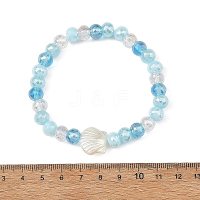 Ocean ABS Plastic Imitation Pearl Shell Shape Electroplate Glass Faceted Rondelle Beaded Stretch Bracelets for Women BJEW-JB14386-01-1
