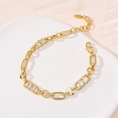 Ring & Paperclip Brass Micro Pave Cubic Zirconia Link Chain Bracelets for Women BJEW-D458-05G-02-1