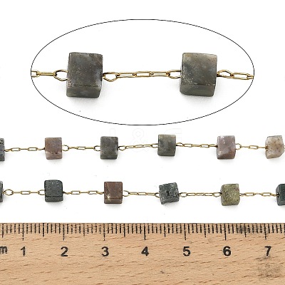 Handmade 304 Stainless Steel Indian Agate Beads Cube Link Chains CHS-B011-02G-02-1