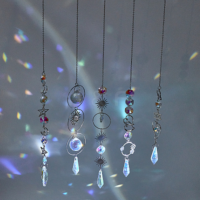 5Pcs 5 Style Clear AB Glass Pendant Decorations HJEW-GA0001-42-1