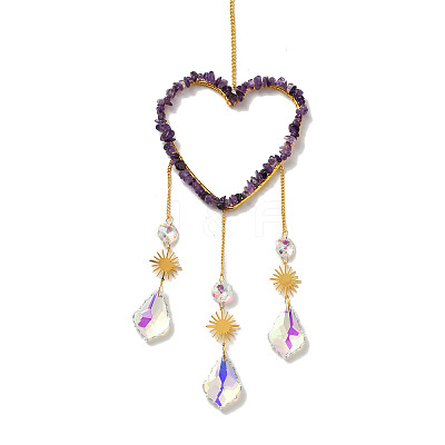 Heart Natural Amethyst Chips Hanging Ornaments HJEW-G024-01D-1