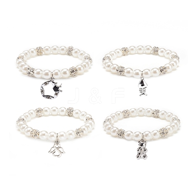 ABS Plastic Imitation Pearl  & Rhinestone Beaded Stretch Bracelet with Alloy Charm for Women BJEW-JB08526-1