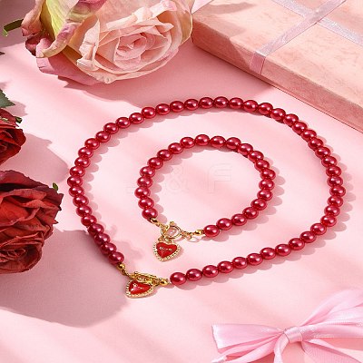 2Pcs 2 Styles ABS Plastic Imitation Pearl Necklaces & Bracelets Sets for Women SJEW-FS00006-1