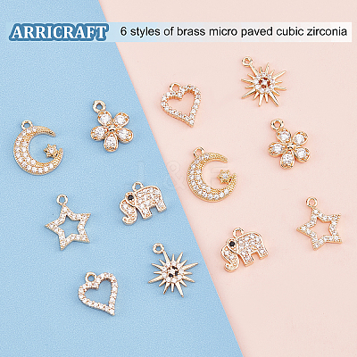 12Pcs 6 Style Rack Plating Brass Micro Pave Cubic Zirconia Charms ZIRC-AR0001-17-1