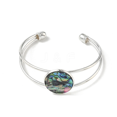 Natural Abalone Shell Paua Shell Flat Round Brass Open Cuff Bangles BJEW-JB14484-1