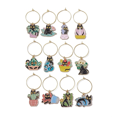 12Pcs 12 Styles Plant Cat Alloy Enamel Wine Glass Charms AJEW-JO00212-1