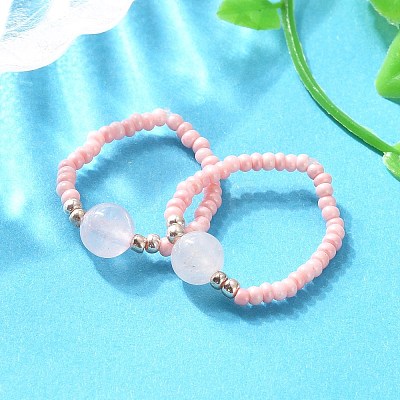 Natural Rose Quartz Stretch Rings RJEW-JR00255-03-1