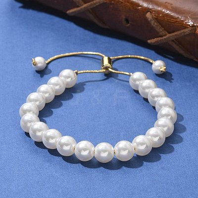 Shell Pearl Beaded Slider Bracelet with Brass Snake Chain BJEW-B066-01B-02-1
