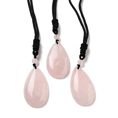 Natural Rose Quartz Pendant Necklace with Nylon Cord for Women NJEW-L464-A05-1