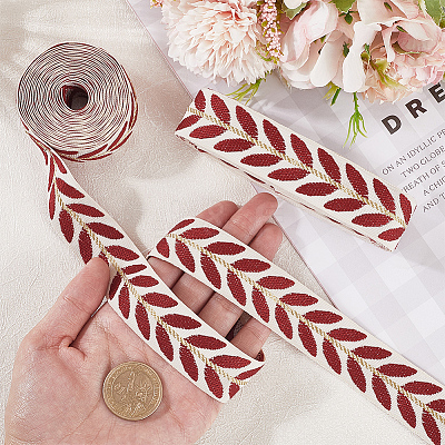3 Yards Polyester Leaf Jacquard Ribbons LS-SRIB-WH20020-020F-1