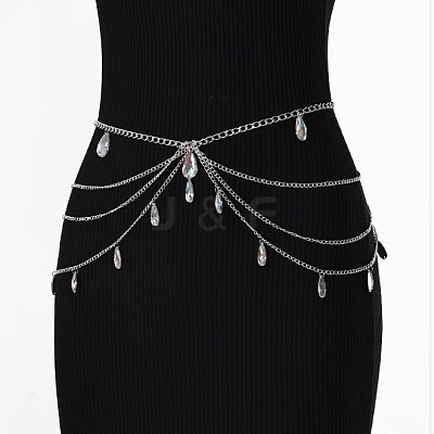 Gothic Style Alloy & Clear Glass Teardrop Tassel Multilayer Waist Belly Chains for Women FS-WGFFABC-01-1