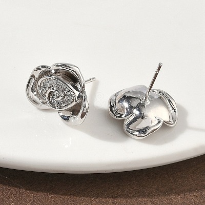 Rose Flower Brass Micro Pave Cubic Zirconia Stud Earrings EJEW-G452-08P-02-1