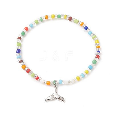 Colorful Seed Beaded Stretch Bracelet with Brass Charms for Women BJEW-JB09218-04-1