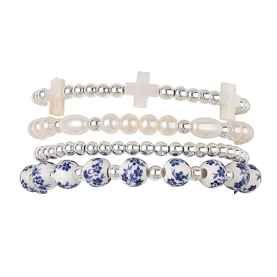 4Pcs 4 Styles Printed Porcelain Beads & Synthetic Hematite Beads & Shell Beads & ABS Plastic Pearl Stretch Bracelets Sets for Women BJEW-JB14203-01-1