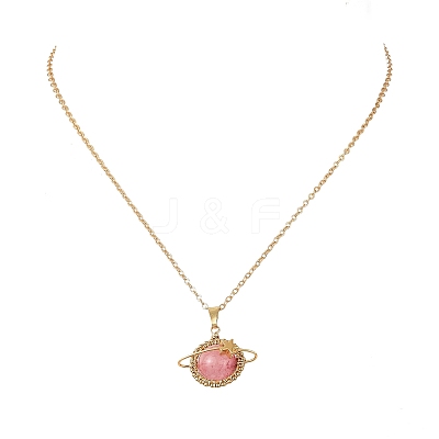 Dyed Natural Green Jade Copper Wire Wrapped Planet Pendant Brass Cable Chain Necklaces for Women NJEW-TA00260-01-1