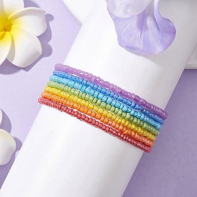 7 PCS Rainbow Style Glass Seed Beads Bracelets for Women BJEW-JB10067-1