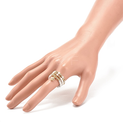 3Pcs 3 Style Natural Gemstone & Brass Beaded Finger Rings with 304 Stainless Steel Heart Charms for Women RJEW-JR00471-1