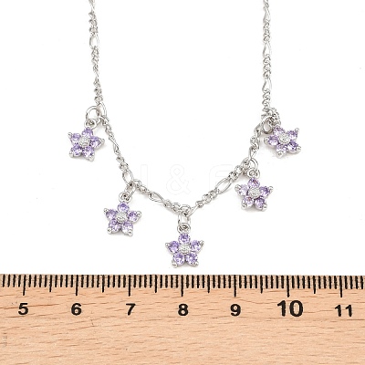 Brass Pave Lilac Cubic Zirconia Flower Pendant Figaro Chain Bib Necklaces for Women NJEW-F364-01P-1