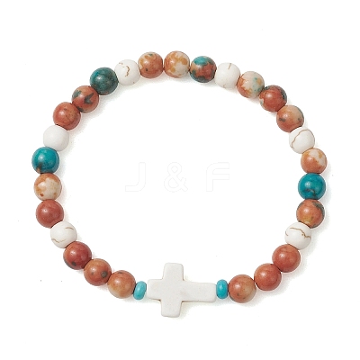 Dyed Synthetic Turquoise Beads & Synthetic Ocean White Jade Beads Stretch Bracelets for Women Men BJEW-JB13667-1
