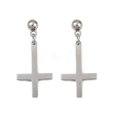Christian Upside Down Cross 201 Stainless Steel Dangle Stud Earrings LS-EJEW-P314-01A-P-1