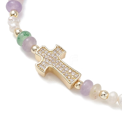 Brass Micro Pave Clear Cubic Zirconia Cross & Natural Pearl & White Jade Rondelle Beads Stretch Bracelets for Women BJEW-JB13114-01-1