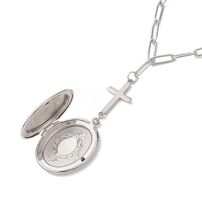 Brass Cross & Oval Locket Pendant Necklaces NJEW-JN04960-1