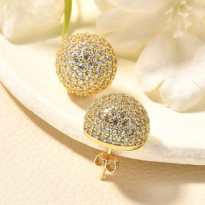 Half Round Brass Micro Pave Clear Cubic Zirconia Stud Earrings EJEW-C126-05G-1