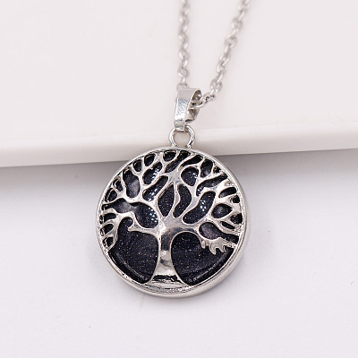 Synthetic Blue Goldstone Alloy Tree of Life Pendant Necklaces for Women Men FS-WG931AE-08-1