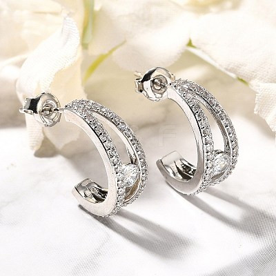 C-Shaped Brass Micro Pave Clear Cubic Zirconia Stud Earrings EJEW-C126-08P-1