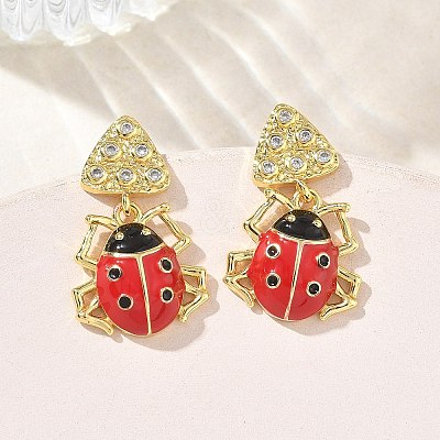 Ladybug Brass Micro Pave Cubic Zirconia Dangle Stud Earrings for Women EJEW-A167-17G-1