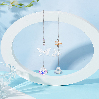 2Pcs 2 Styles Glass & Alloy Butterfly Hanging Suncathers HJEW-LP0002-89A-1