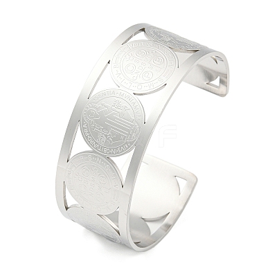 304 Stainless Steel Wide Hollow Saint Benedict Medal Open Cuff Bangles LS-BJEW-S154-01P-1