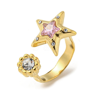 Pink Cubic Zirconia Star Open Cuff Ring RJEW-D022-01G-1